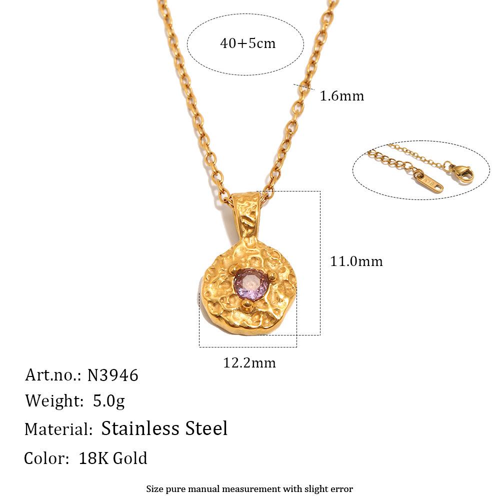 Colorful Zircon Hammered Texture Round Pendant Necklace Stainless Steel 12 Constellation Charms Gold Plated Jewelry for Women
