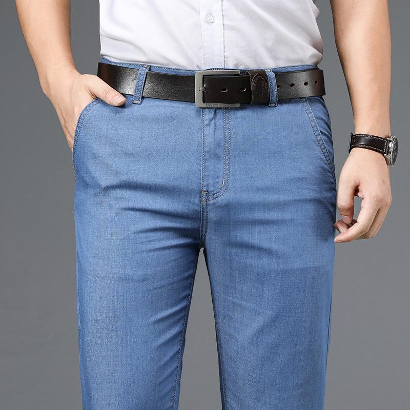 Высококачественные мужские тонкие джинсы из тенселя, классические модные деловые повседневные свободные прямые джинсовые брюки, мужские эластичные брендовые брюки