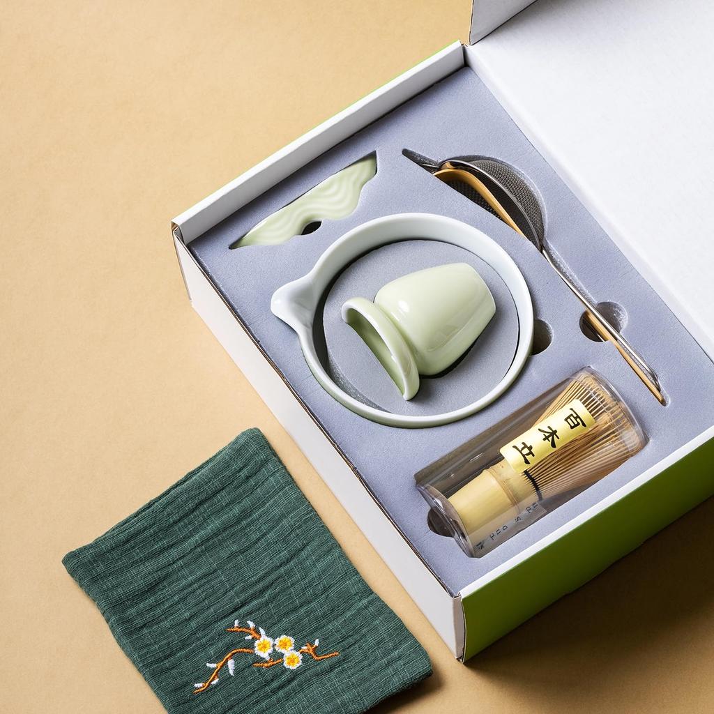 Набор из 7 предметов для чайной церемонии маття (Матча Грин) для начинающих, включая бамбуковый венчик часен (100-Стоящий) Подставка для часена, Чаван (Чаша для чая), Чашаку (Чай