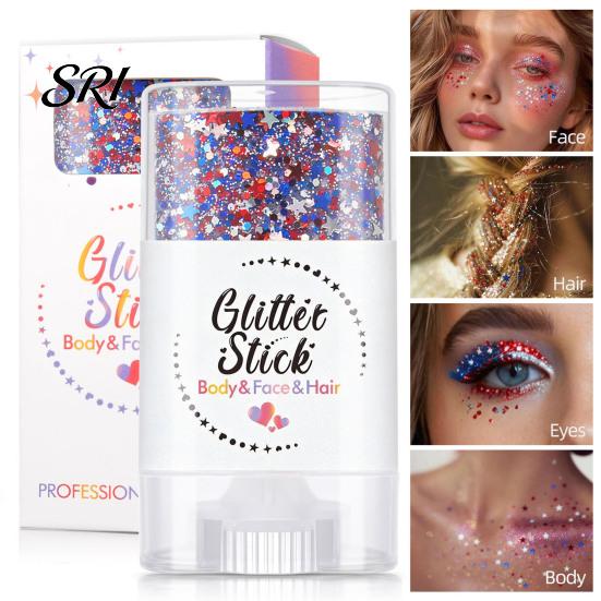Women Makeup Stick Independence Day Body Glitter Stick, Patriotic USA Flag Face Hair Accessories, Sparkling Red White Blue for 4th of July