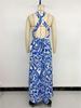 Summer Retro Style Blue & White Porcelain Print Halter Backless Split Dress