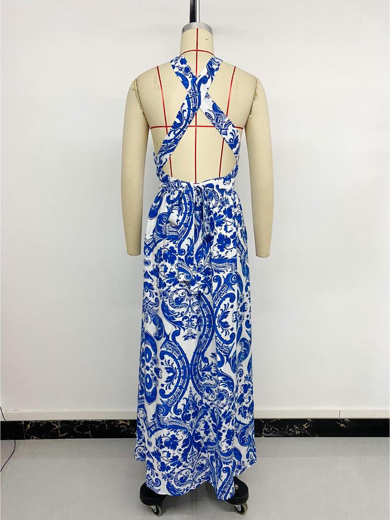 Summer Retro Style Blue & White Porcelain Print Halter Backless Split Dress