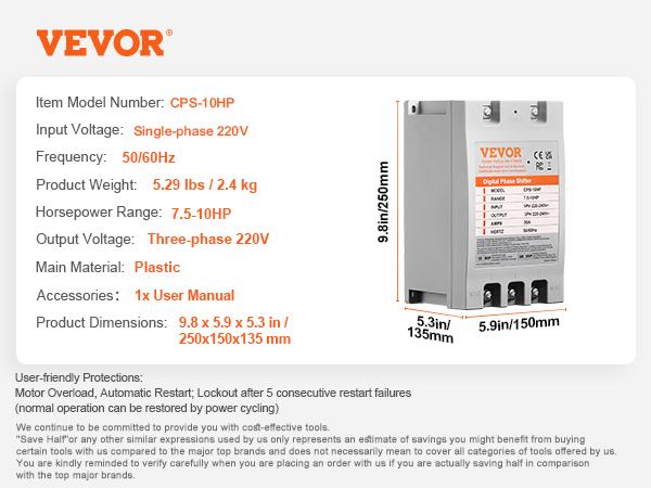 Цифровой преобразователь SucceBuy 5/7,5/10 л.с. Однофазный в трехфазный преобразователь Цифровой фазовращатель для жилых и малых коммерческих помещений