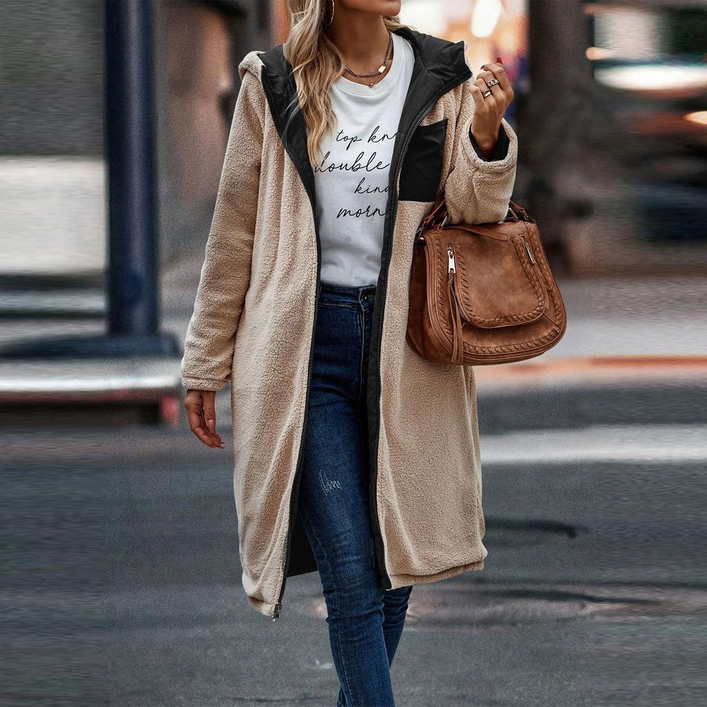 Женская мода, сращивание двух сторон, женская длинная куртка с капюшоном и жилетом