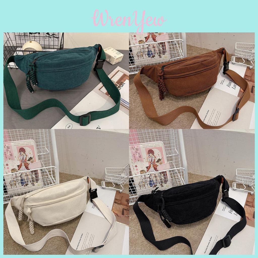 Minimalist Korean College Fashion Corduroy Waist Bag With Zipper And Inner Compartments