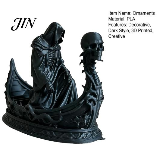 Gothic Halloween Decor 3D Printed Reaper Skull Boat Figurine, Small Desktop Ornament Customized Size for Party Decoration, Dark Horror Theme