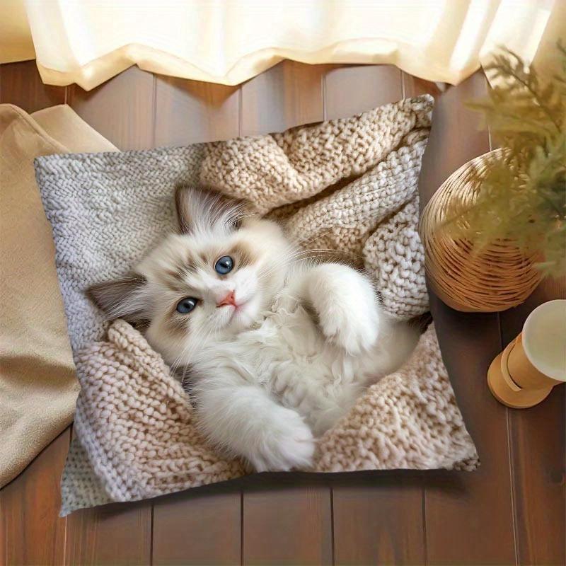 Cute Fluffy Ragdoll Kitten Pillow Cover Realistic Cat Print Cozy Pet Cushion Case For Sofa Bed Couch Cat Lover Home Decor Gifts