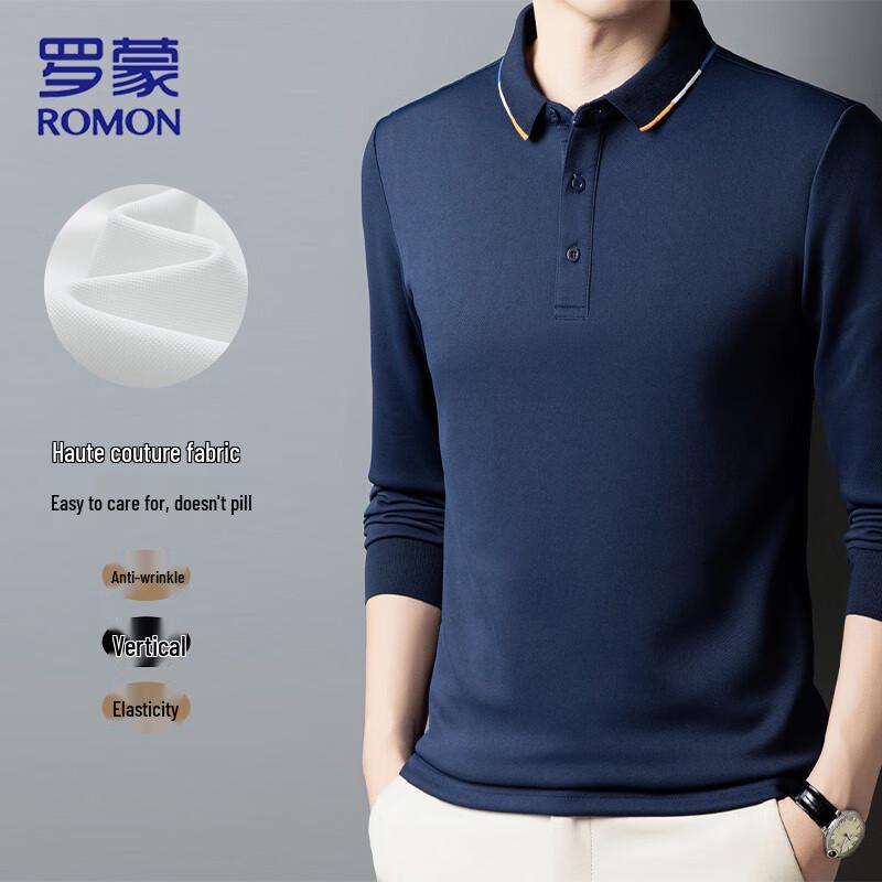 ROMON Мужская классическая рубашка-поло с длинным рукавом в стиле business casual