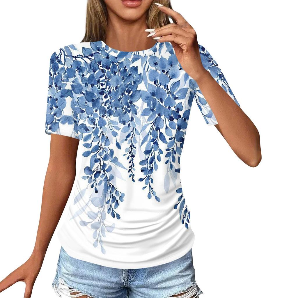 Women's T Shirts Fashion Casual Tops Round Neck Short Sleeve Printed Tunic