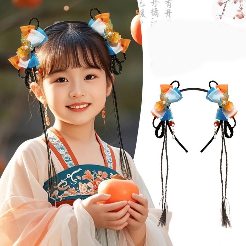 Tassel Children Wig Headband Flower New Year Hair Accessories Hanfu Headwear  Year of the Horse