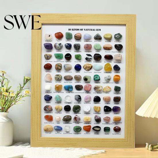 Crystal Lover Display 80 Natural Gemstones Collection Ore Exhibit Set Collectible Gems Exquisite Gemstone Showcase in Wooden Frame Educational