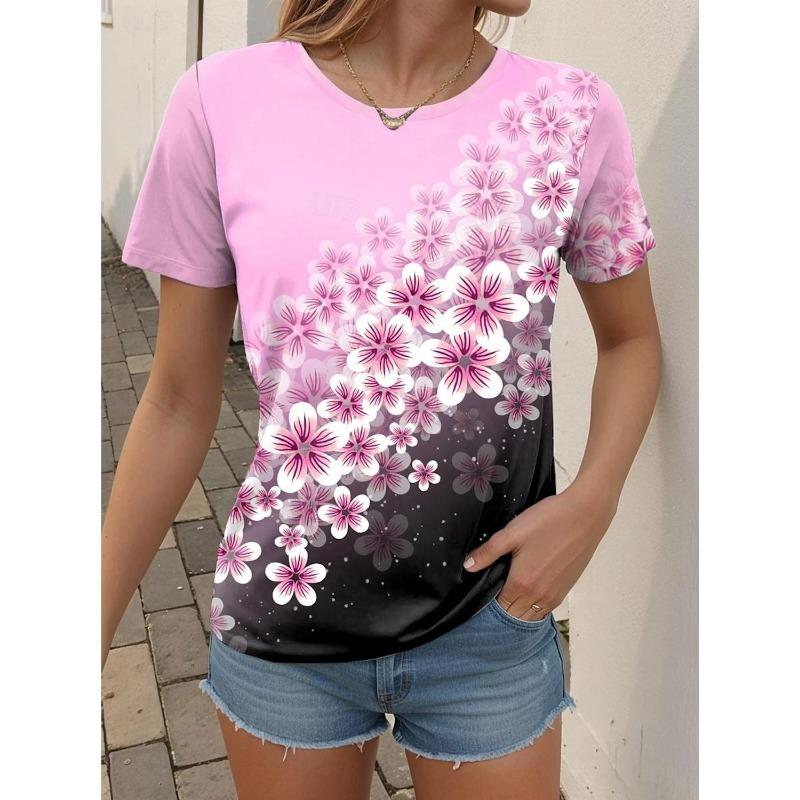 Summer V-neck 3D Floral Printed Top Fashionable Casual Short Sleeved Women's T-shirts