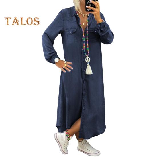 Осенне-весеннее женское платье однобортное с лацканами, свободный покрой, длинные рукава, нагрудный карман, разрез по низу, платье больших размеров, однотонное, на пуговицах, А-силуэт, повседневная одежда, макси