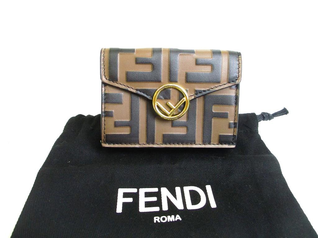 Authentic FENDI F IS FENDI FF Brown Leather Gold H/W Micro Trifold Wallet #b151 Seller refurbished