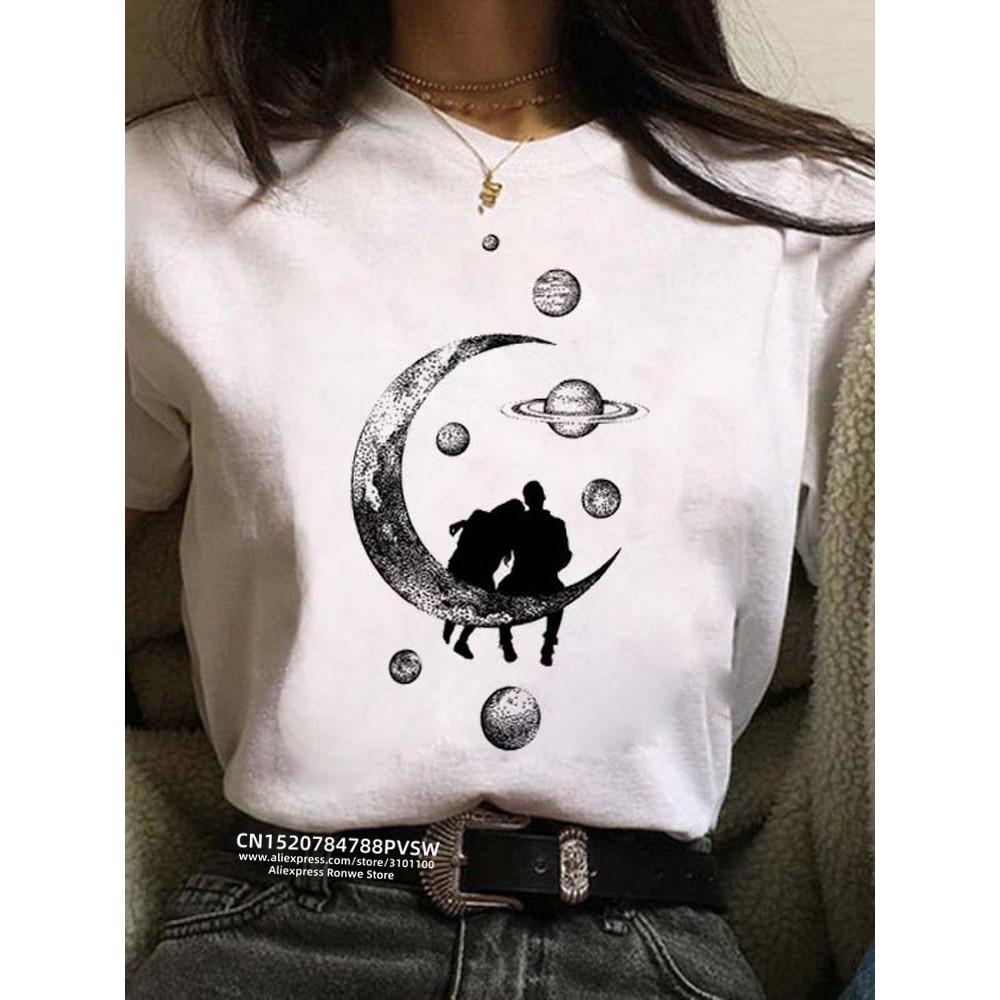 Women Moon Harajuku Funny 90s Girl T Shirt Cartoon Graphic Printed Black Ladies T-shirt Casual Woman Shirt Kawaii Tee Shirt