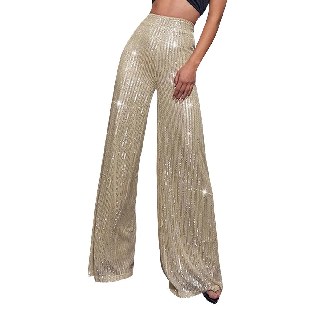 Women's Fashion Solid Color High Waist Sequin Side Zipper Draped Wide Leg Pants