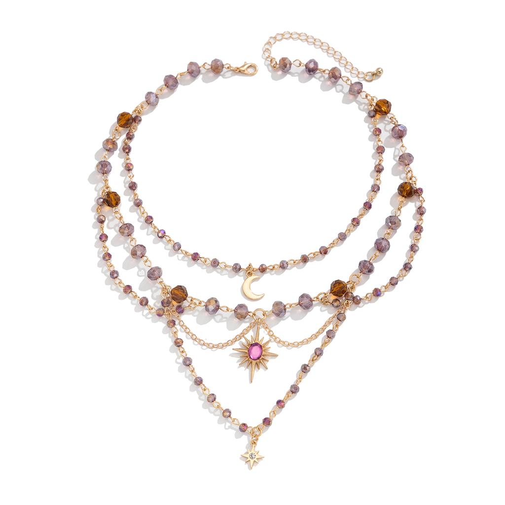 Bohemia Multilayer Imitation Crystal Acrylic Beads Necklace for Women Moon Pendant Jewelry Accessories Gift