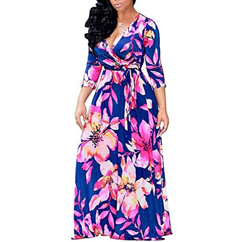 Spring and Autumn Women's Dress V-Neck Printed Swing Dresses Long Dresses