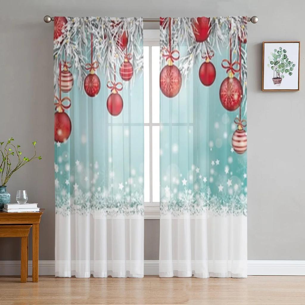 Рождественские сосновые иголки, снежинки, деревянная тюль-занавеска для гостиной, спальни, Рождественский декор, оконная вуаль, тюлевая занавеска