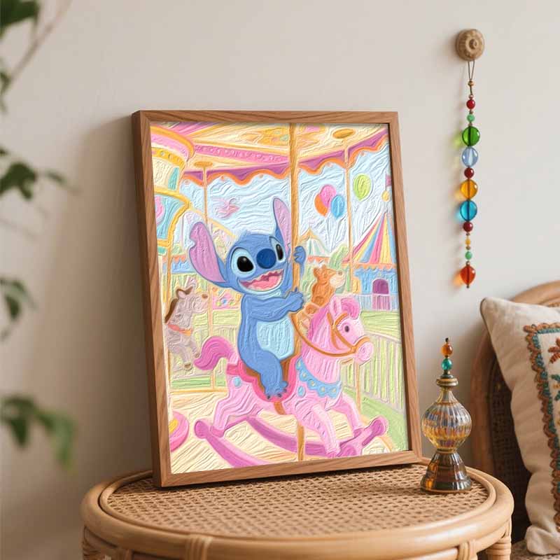 Disney Digital Oil Painting Art Kit Stitch Carousel Pink Horse Carnival Hand Filled Home Decor