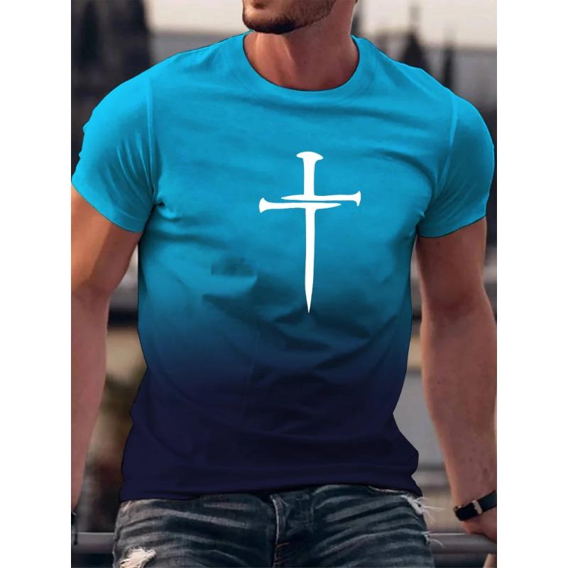 Gradient Christian Cross Pattern 3D Printed T-shirts Fashionable and Round Neck Short Sleeve Sports and Leisure Men's T-shirts