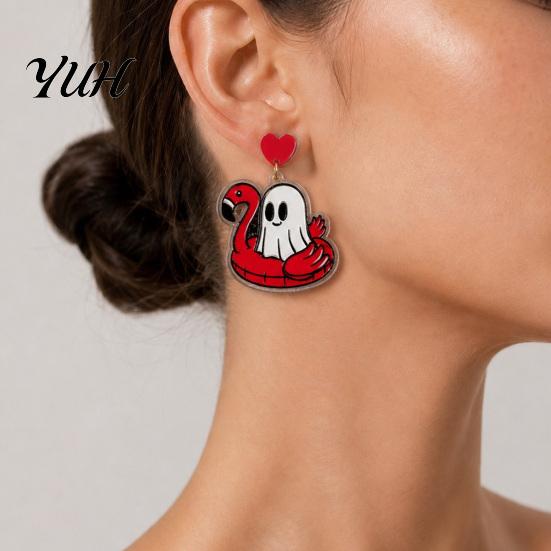 Flamingo Swimming Ring Jewelry 1 Pair Summer Halloween Ghost Earrings for Women, Cute Colorful Acrylic Pendant Pool Float Dangle Drop Earrings,