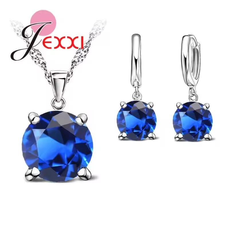 Solid 925 Sterling Silver Jewelry Sets 4 Claws Cubic Zirconia Pendant Necklace Earring Fashion Jewelry For Women SET