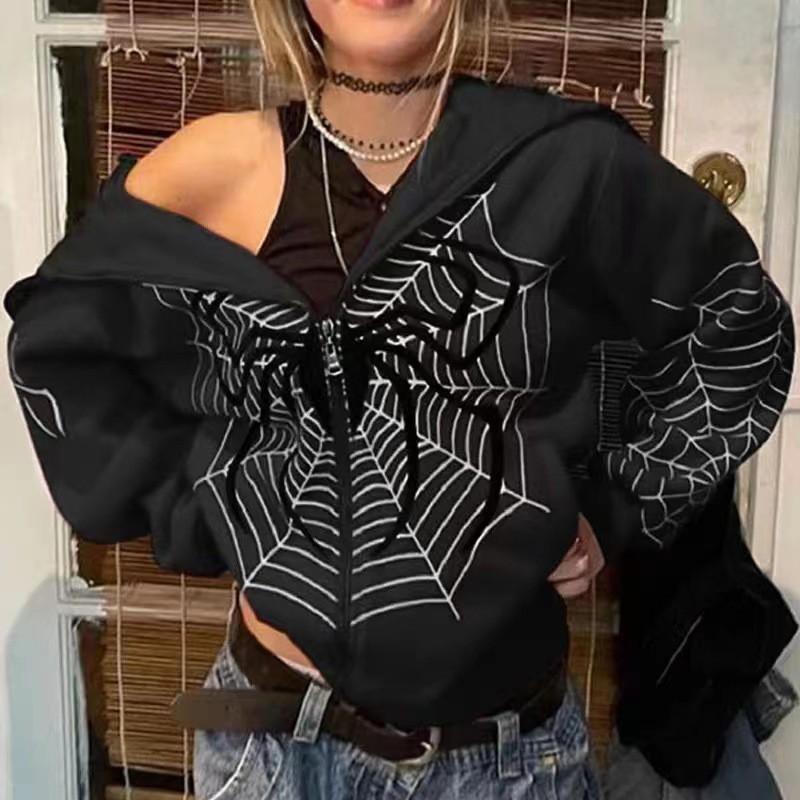 Mens Streetwear Spider Print Hooded Zip Pullover Sweatshirt Winter Casual Loose Top