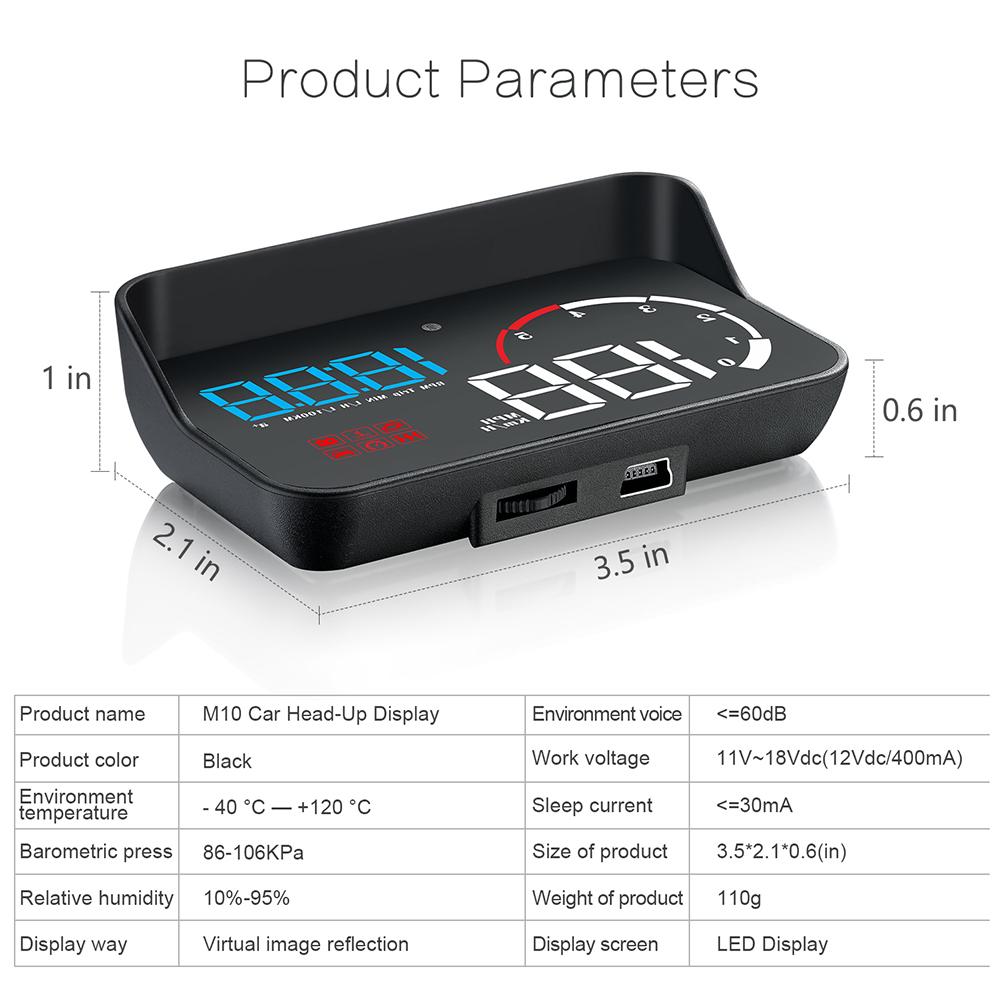 Car Hud Head-up Display M10 Hd Windshield Projector Obd Overspeed Warning Multifunction Driving Safety Modified Parts