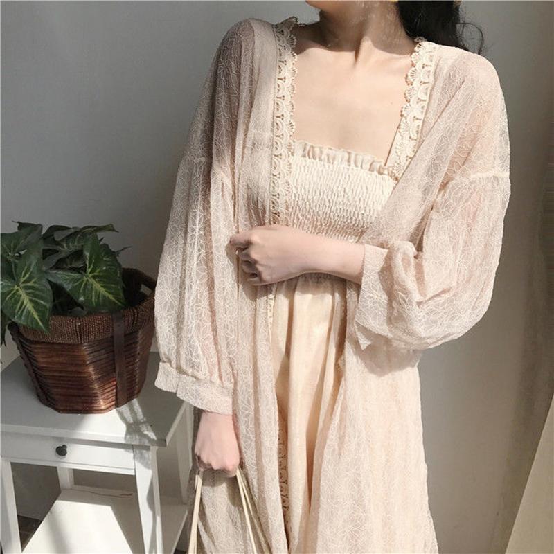 Женская шифоновая накидка большого размера, летний кардиган с длинными рукавами, модная ретро-полая солнцезащитная рубашка, тонкая куртка средней длины, кружевные топы