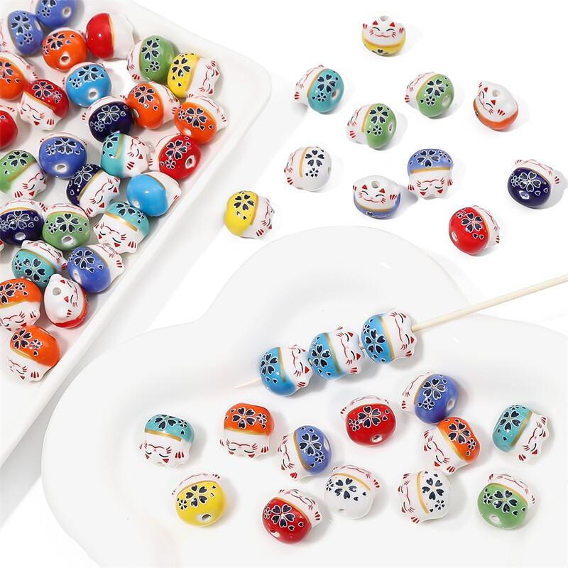 2 шт., расписанные вручную керамические кошки, милые счастливые кошки, подвески, свободные бусины-разделители для браслета, ожерелья, ювелирных изделий, аксессуаров