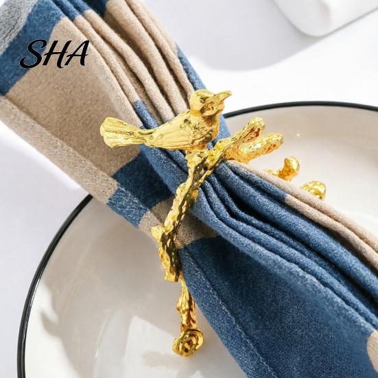 Wedding Napkin Rings Ring, Vintage Branch & Bird Design with Gold Finish, Open-End Holder for Elegant Clip Cloth Linen Dinner Napkins, Banquet