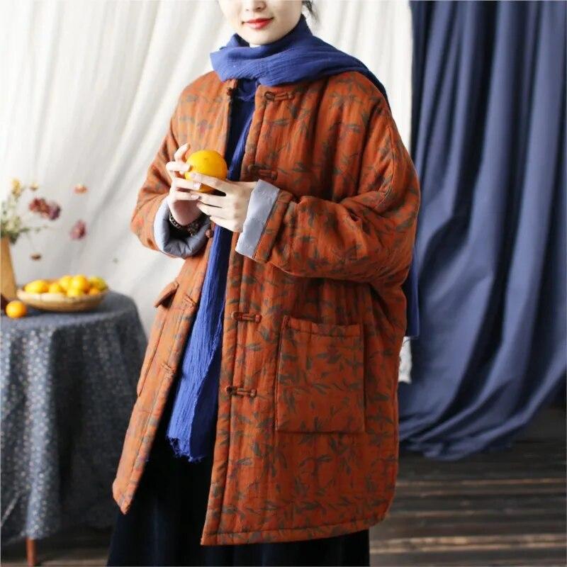Women Vintage Winter Parkas Stand Warm Plus Cotton Coats Print Floral Patchwork Pockets Button Chinese Style Parkas