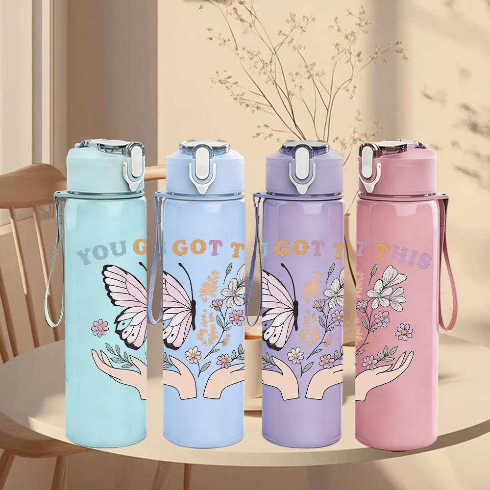 1PC You Got This Floral Butterfly Art 750ml Color Plastic Sports Water Bottle Leakproof Flip Straw Lid Suitable for Sports Office Home Use