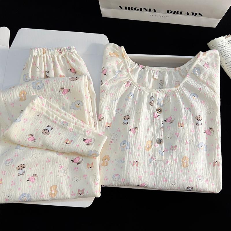 Женский набор пижамы с мультяшным принтом из облачного хлопка – с длинным рукавом, круглым вырезом, больших размеров, для ношения на улице