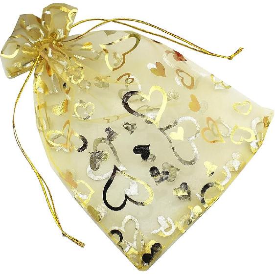 QIANHAILIZZ 100 шт. 18x23 см Мешочки с завязками Цветок Сердце Органза Мешочек для украшений Подарочный мешочек Мешочек для конфет Мешочки с завязками для свадебных сувениров (золотое сердце)