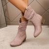 Women's Slouch Western Boots, Retro Solid Color V-cut Chunky Heeled Shoes, Casual Pull On Short Boots