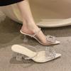Summer New Pointed High Heels Women Fashion Outwear Slippers Water Diamond Pearl Straight Line with Thin Heel Sandals