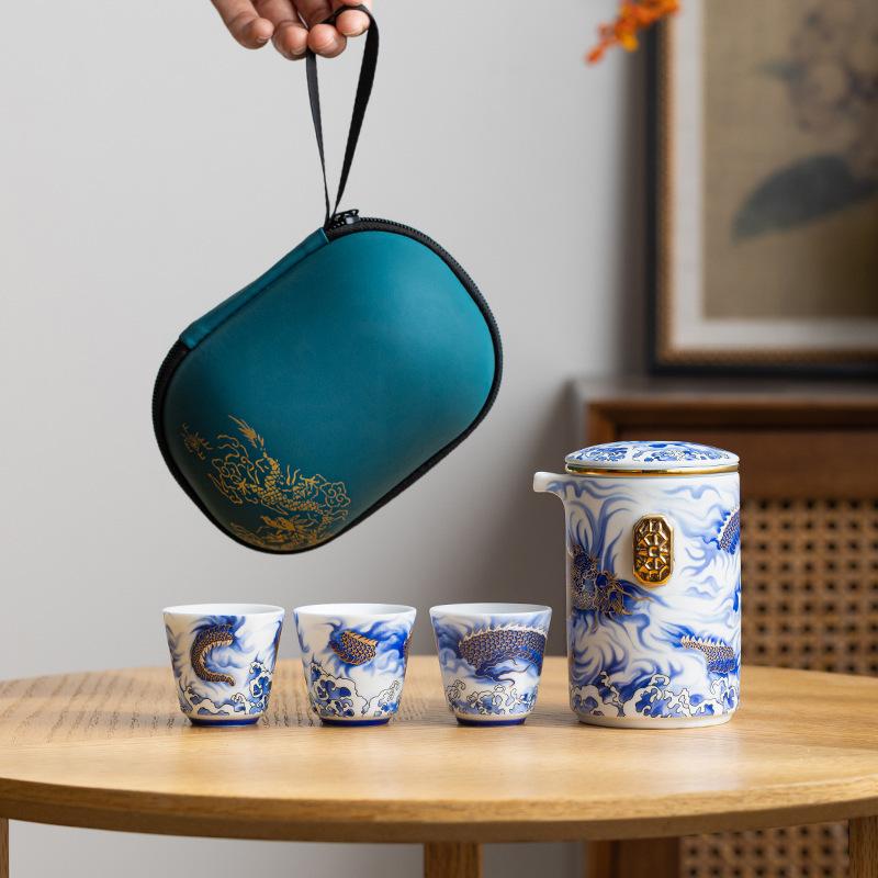 Longteng Shengshi Light Luxury Express Cup Ceramic Portable Travel Tea Set Outdoor Tea Making One Pot Three Cups Business Souvenir