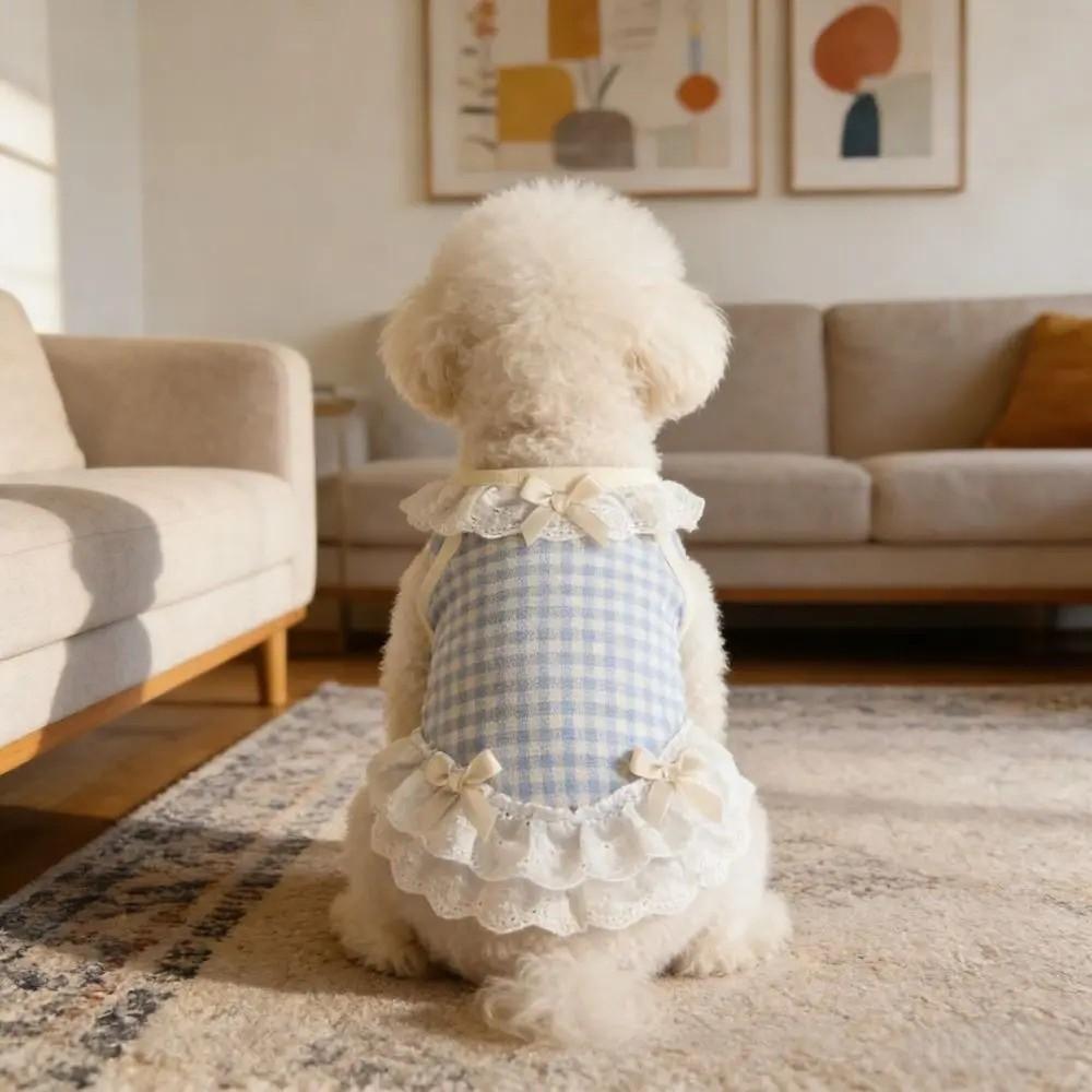 Breathable Pet Dog Vest Bow Lace Design Cat Princess Dress Cat Checkered Clothes  Photo Shoot