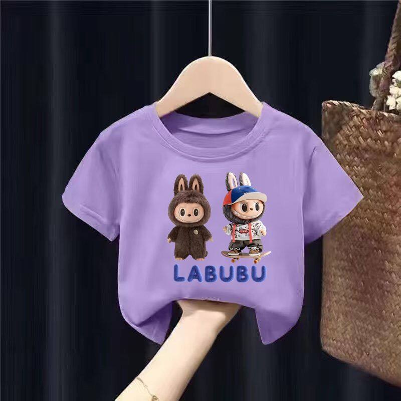 LABUBU Летняя мода Мультяшная девочка Футболка с коротким рукавом Повседневная Футболка с коротким рукавом для занятий спортом на открытом воздухе Детская одежда