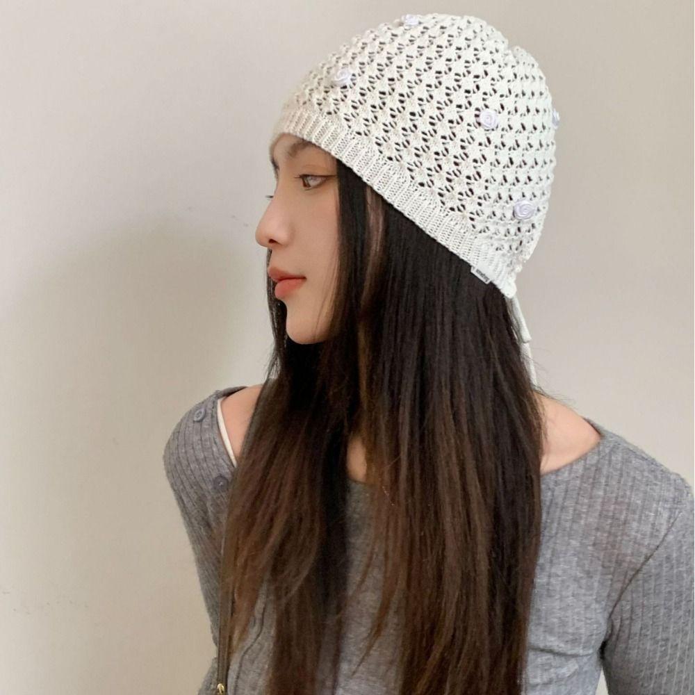 Hollowed Out Knitted Hat Casual Sun Visor Breathable Beret Cap for Women
