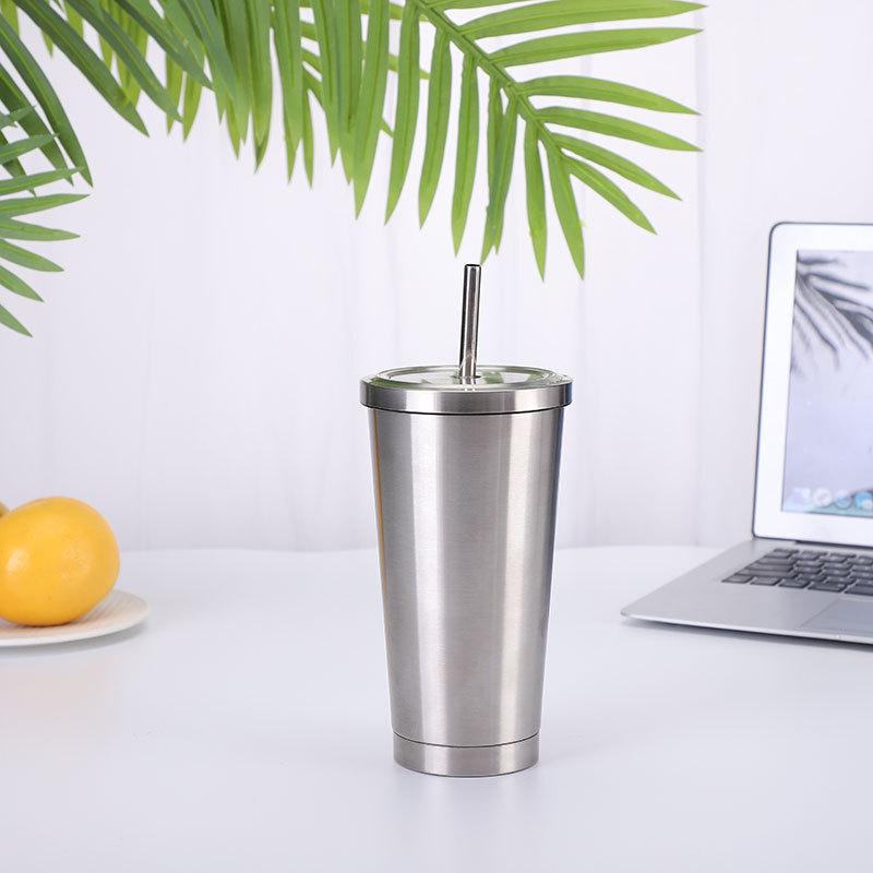 Stainless Steel Straw Cup with Lid Reusable Double-Layer Bottle Portable Thermo Juice Milk Coffee Mug Fashion Drinkware 500ml