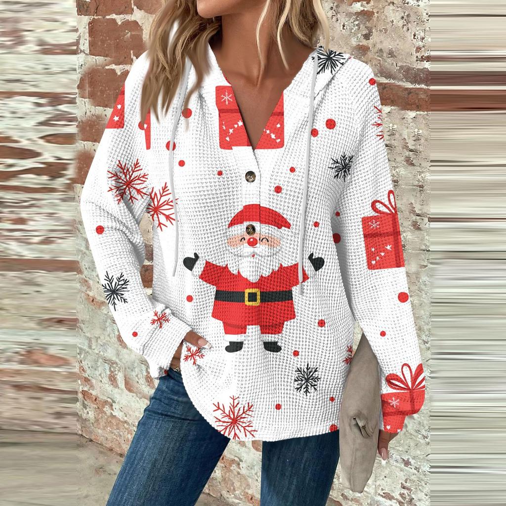 Women's Fashion Casual Long Sleeve  Drawstring Button V-Neck  Hooded Christmas Printed Sweatshirt Top