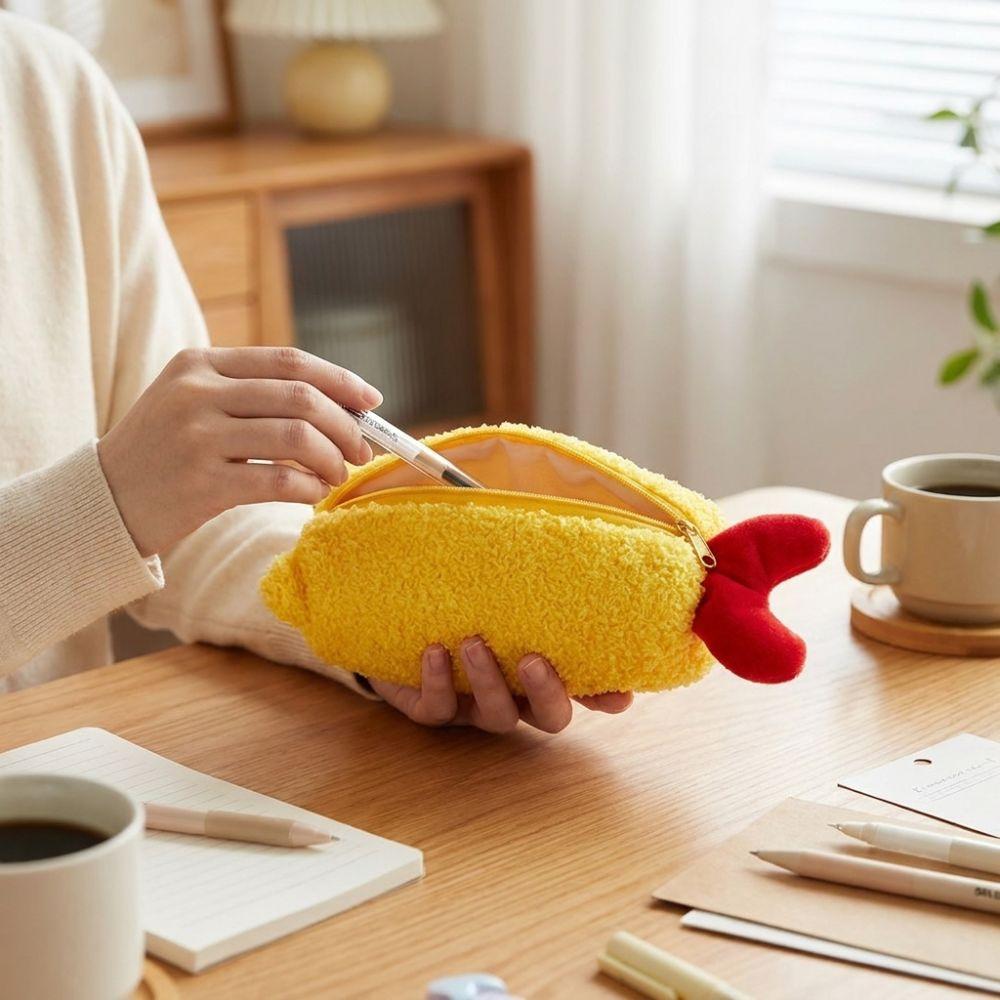 Large Capacity Stationery Storage Bag Cartoon Shrimp Pen Case Fried Prawns Stationery Pouch Travel