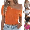 Женский свободный повседневный однотонный трикотажный топ с открытыми плечами и короткими рукавами