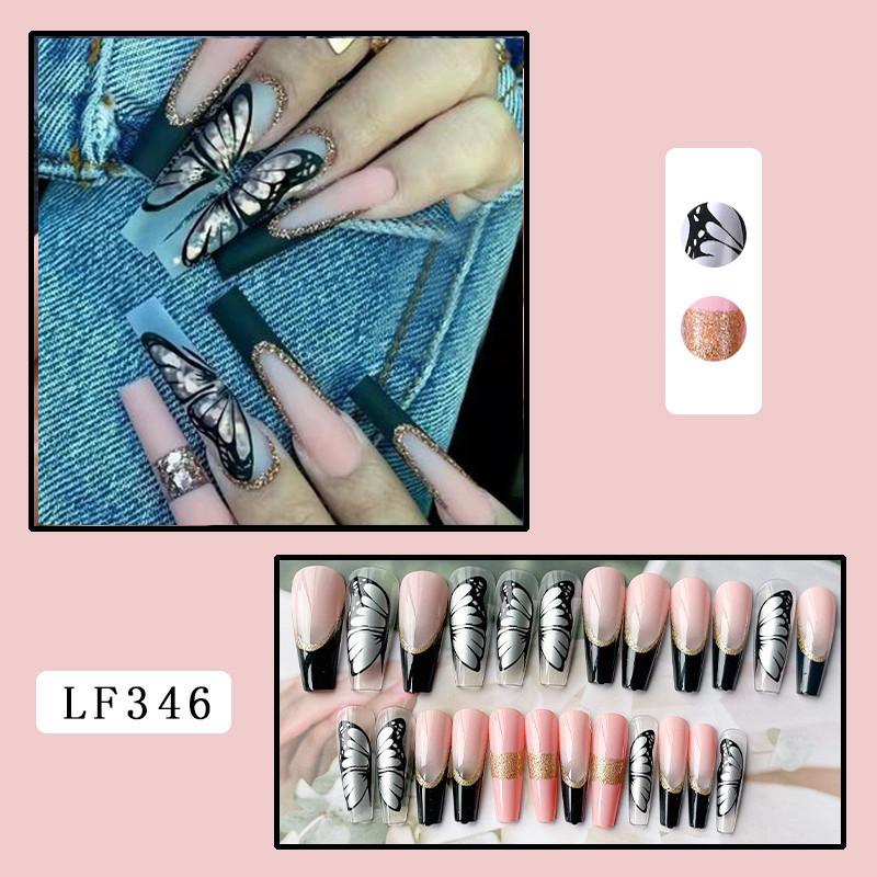 24PCS/SET Quick Nails Flower Diamond Manicure Long Ballet False Nails Waterproof Wearable Ready-made Nail Stickers