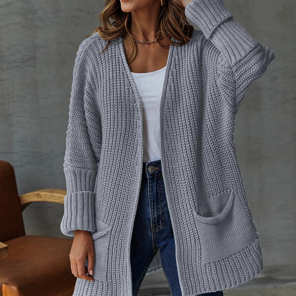 Женский повседневный вязаный кардиган большого размера с длинным рукавом и V-образным вырезом, свободный дышащий свитер средней длины с карманом, однотонное простое модное мягкое трикотажное пальто