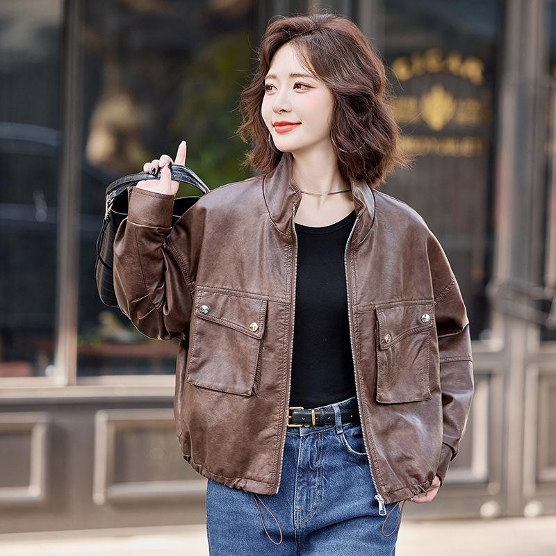 Новая куртка из натуральной кожи для женщин, простая куртка из овчины, короткая куртка с отворотом высокого класса