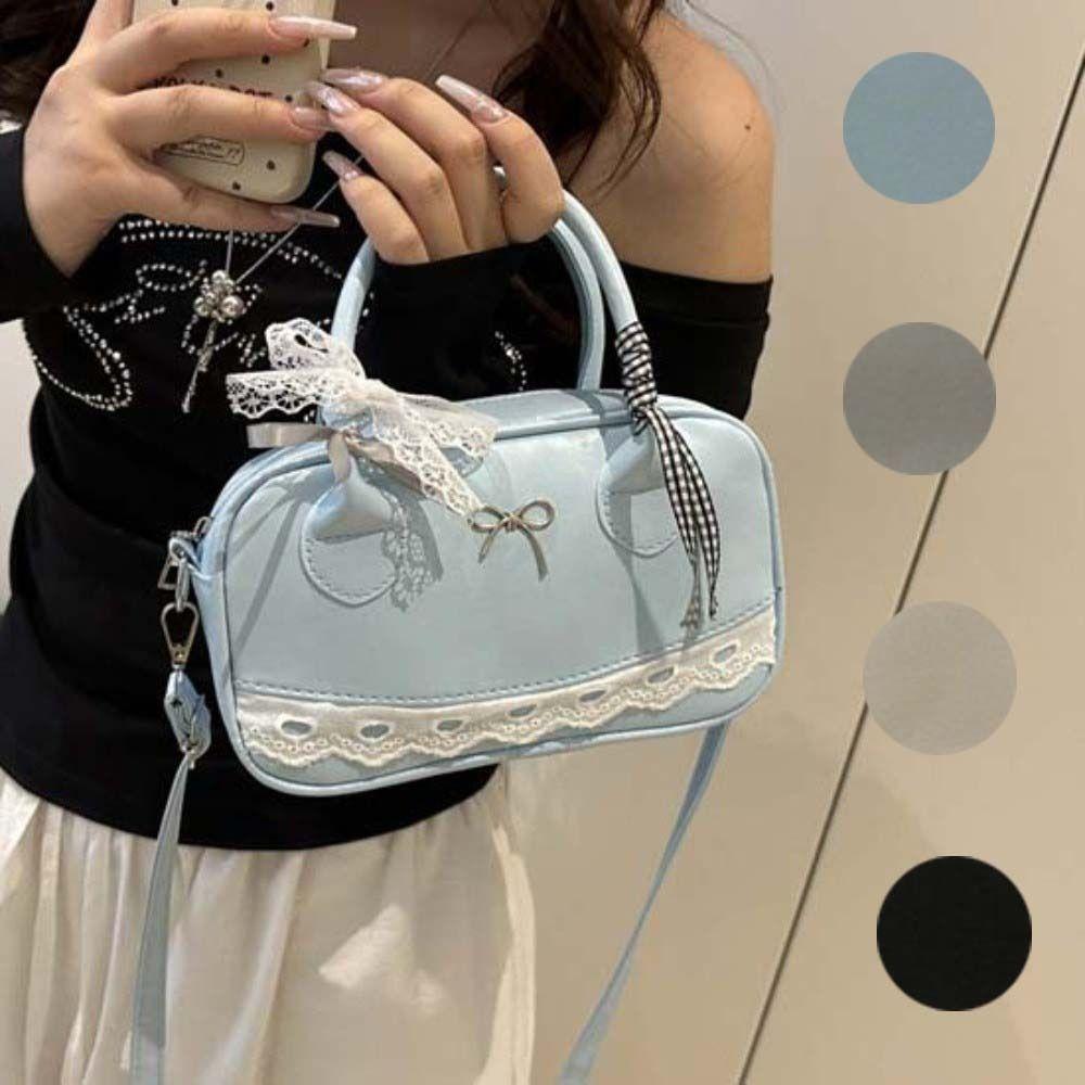 Bow Boston Handbag Lace Ribbon Small Square Bag Pea Bag Crossbody Bowling Bag Party